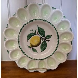 Vintage Hand Painted Italian Ceramic Deviled Egg Platter Lemon 12 Inch 16 Slot